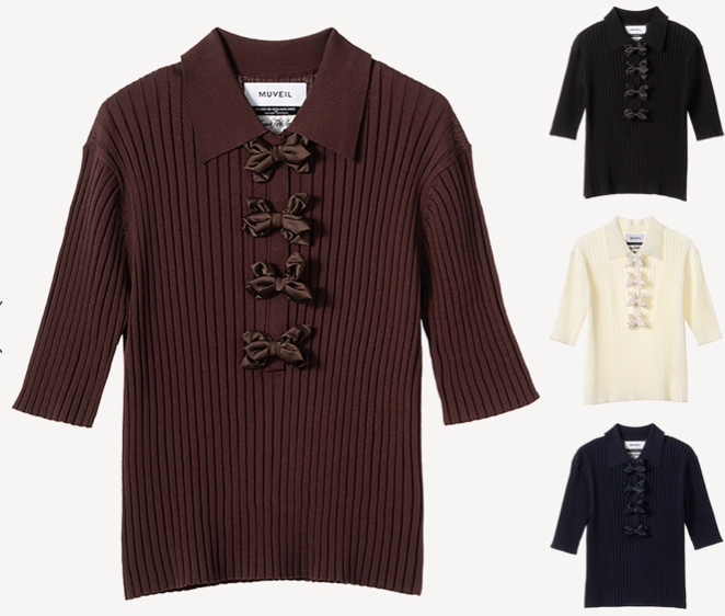 MUVEIL（ミュベール）ブラウンのリボンデザインポロニット