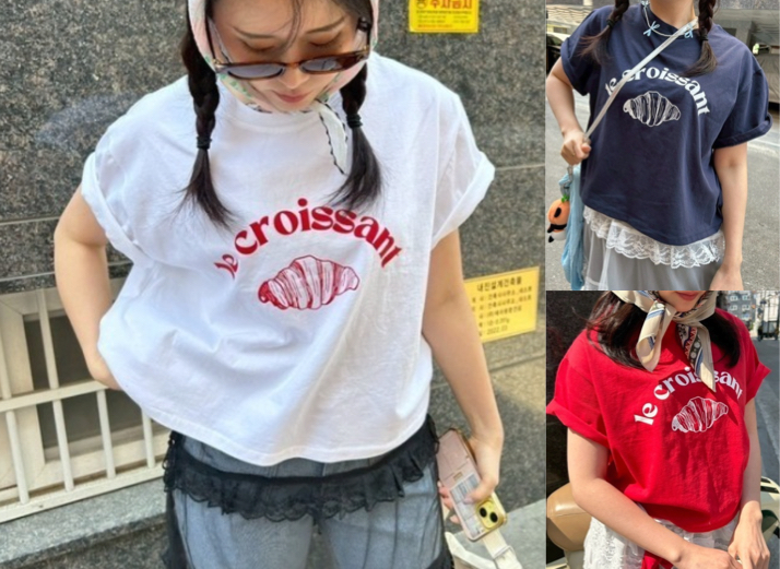  ipugoホワイトのクロワッサンプリントTシャツ