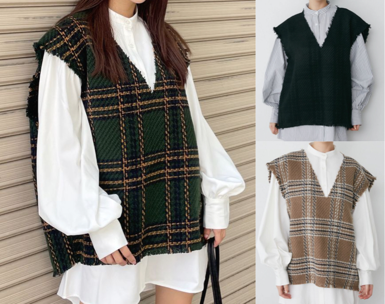 MURUA(ムルーア)グリーンxホワイトのツイードシャツワンピース