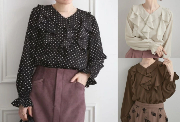 Couture brooch(クチュールブローチ)ブラックのドット柄フリルブラウス