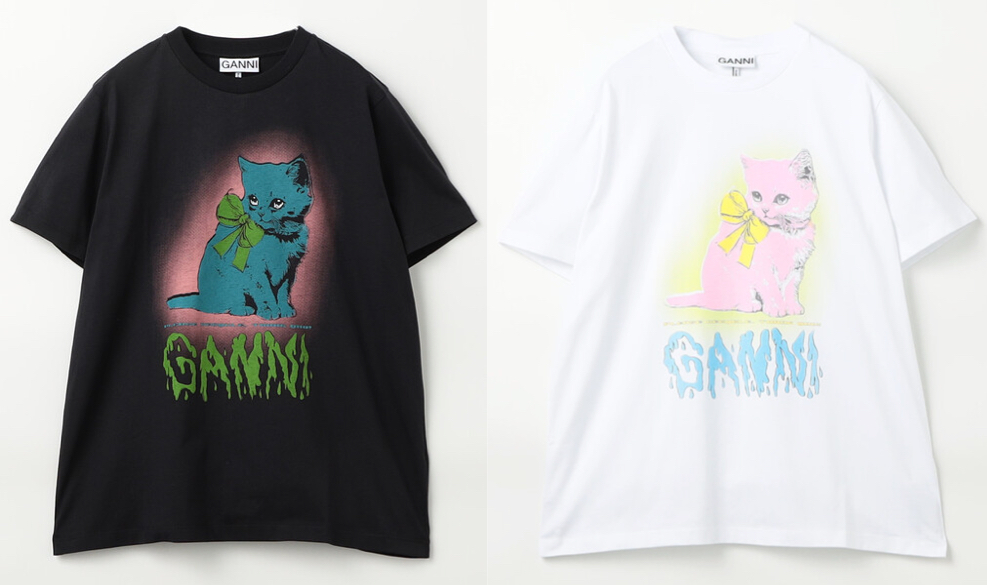 GANNI(ガニー)ブラックのネコちゃんプリントTシャツ
