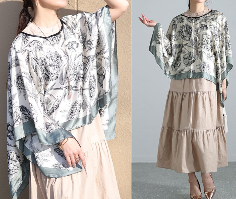 sawaalamodeグリーンのフラワー柄ポンチョ