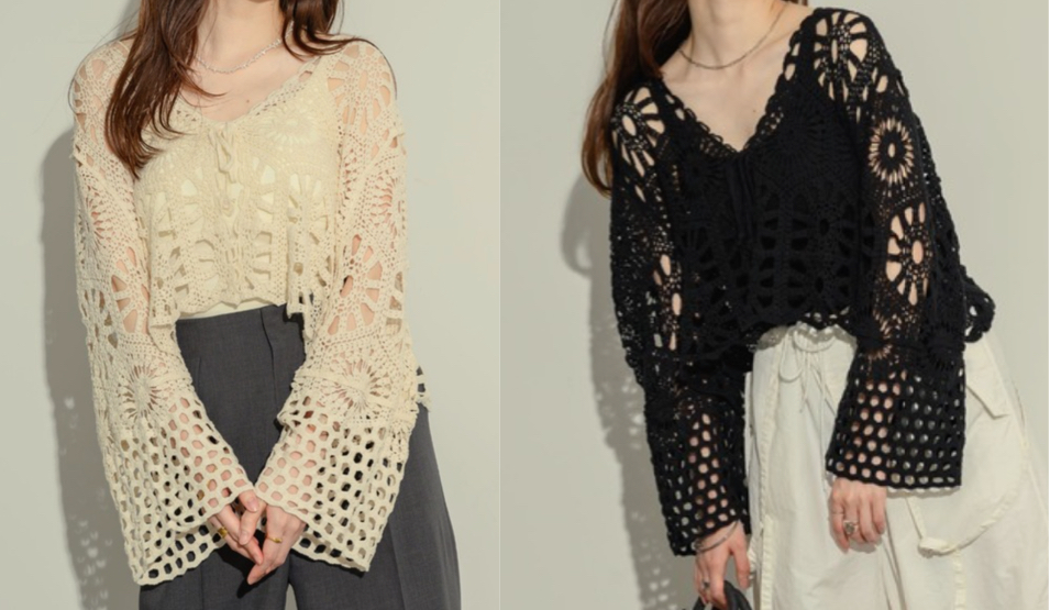 NEUNA（ヌナ）アイボリーのクロシュ編みカーディガン