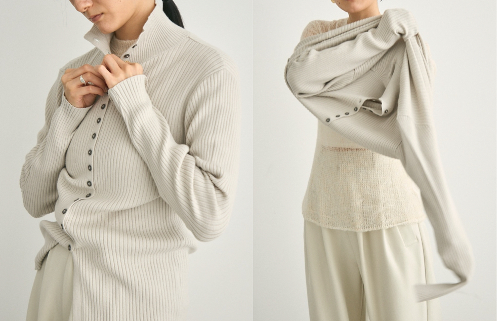 lutimbyuホワイトのリブデザインボタンニット