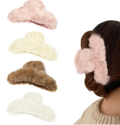 ピンクのフェイクファーヘアクリップ / バレッタ