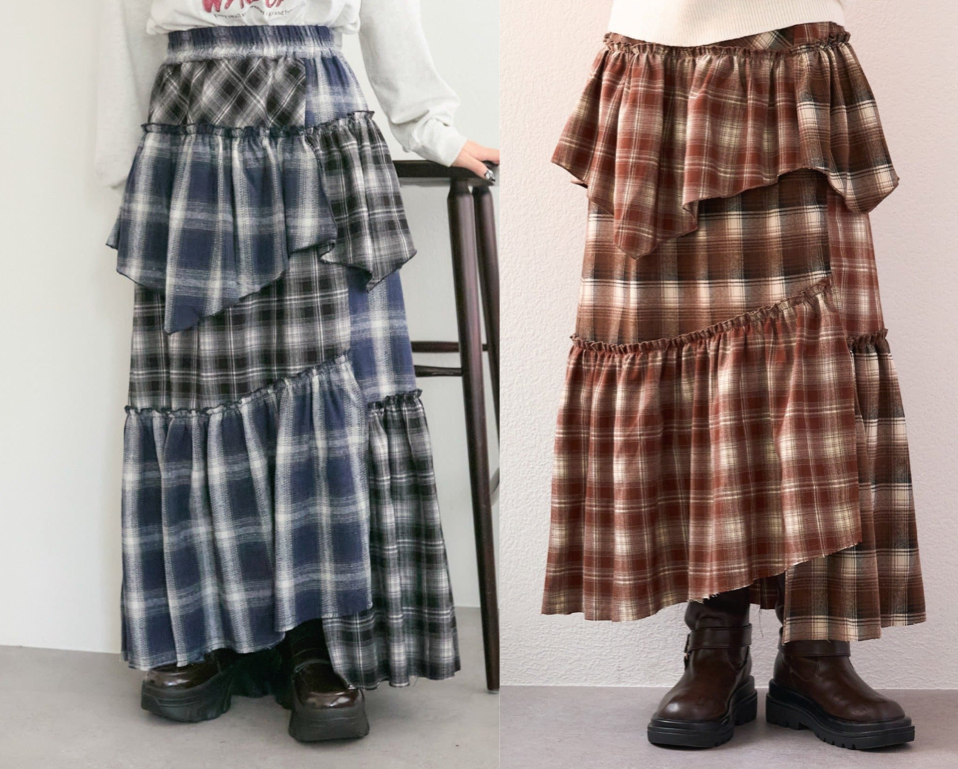 w closet(ダブルクローゼット)ネイビーのチェックティアードスカート