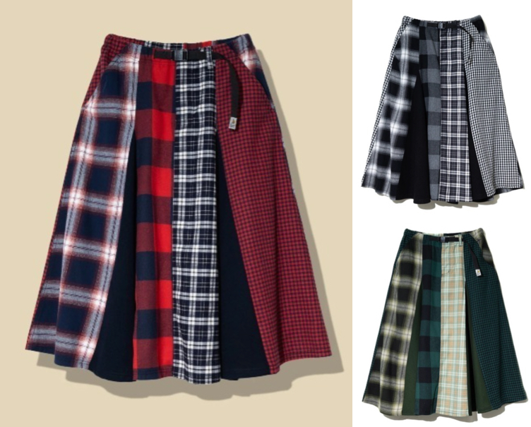 go slow caravan(ゴースローキャラバン)ネイビーxレッドのチェックパッチワークスカート