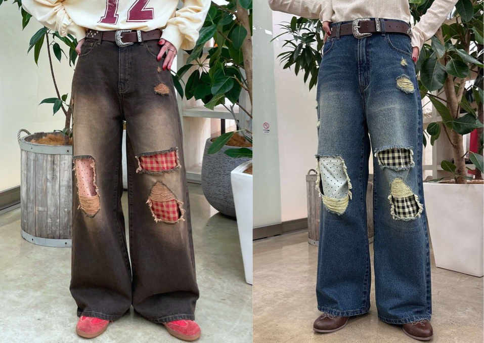 CIAOPANIC（チャオパニック）ドット×チェックダメージデニムパンツ