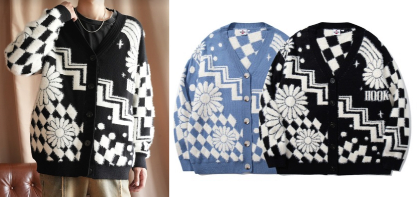HOOK -original-（フック）ブルーのレトロ調幾何学模様カーディガン（色違い）