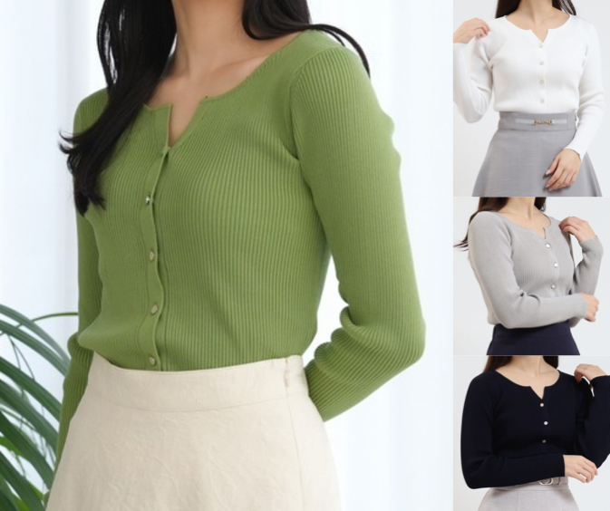 TRUDEA(トルディア)グリーンのスリットネックリブカーディガン