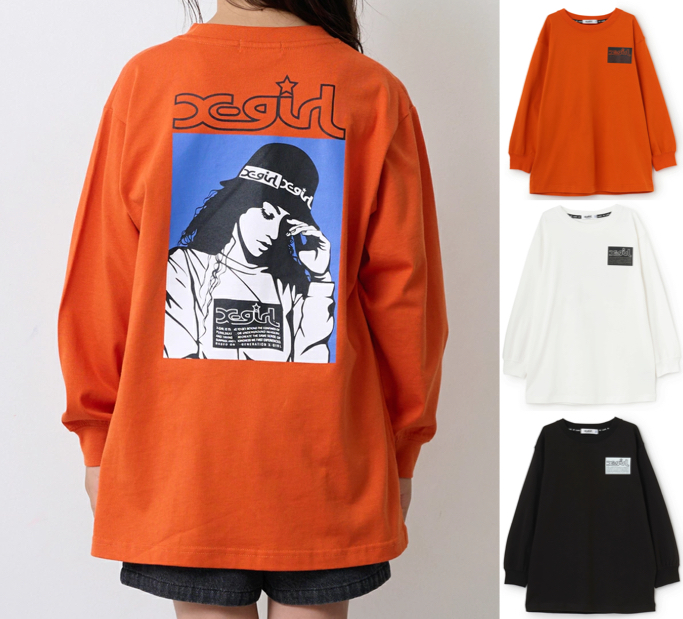 X-girl Stages（エックスガールステージズ）オレンジのバックプリントロンT