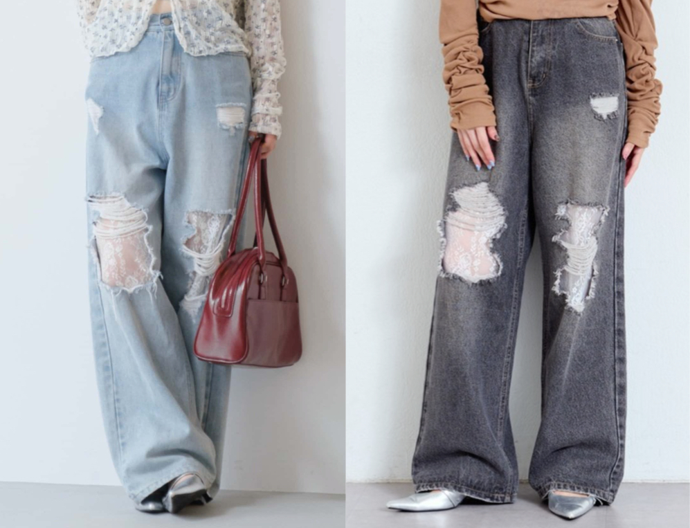 Kastane(カスタネ)ブルーのレースデニムパンツ