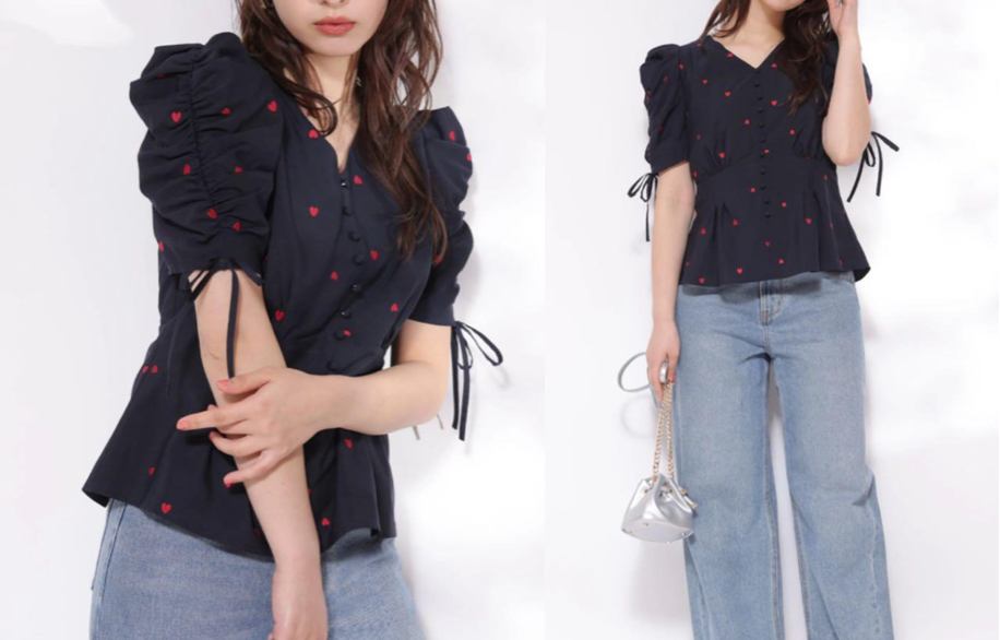 Rirandture(リランドチュール)ネイビーのハート刺繍ブラウス