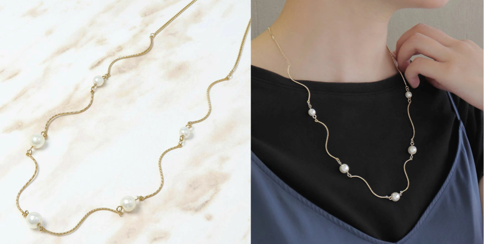 OSEWAYA（お世話や）ゴールドxパールのウェーブネックレス