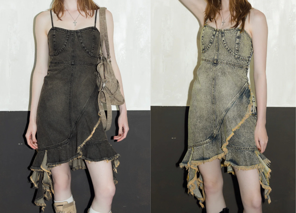 ACLENT(アクレント)ブラックのフリルダメージデニムミニワンピース