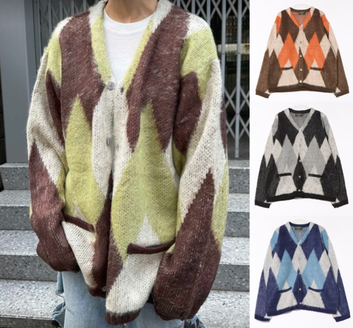 HOUSTON(ヒューストン)ブラウンのダイヤ柄カーディガン