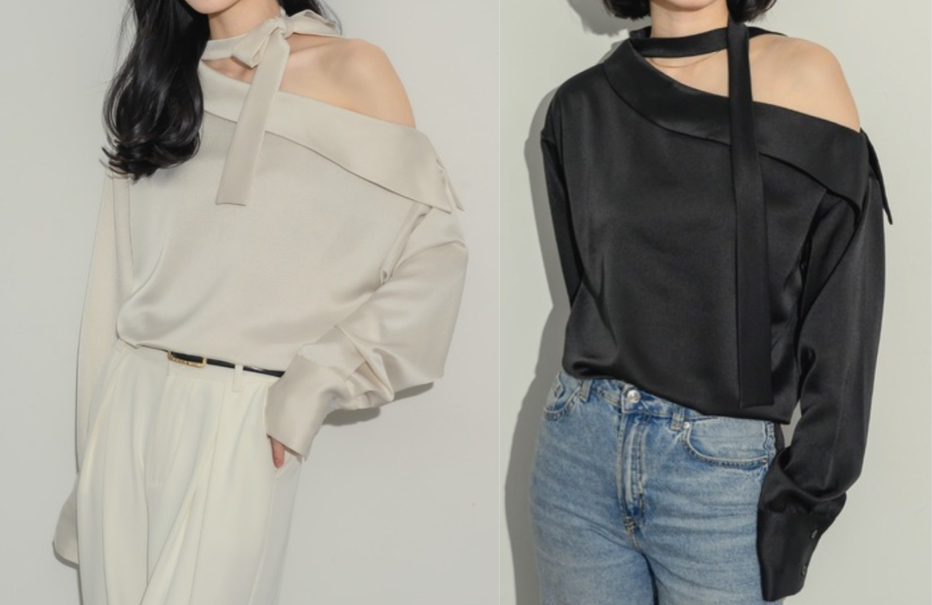 NEUNA（ヌナ）ベージュのサテンワンショルブラウス