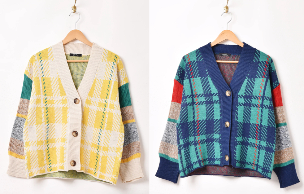 Meridian(メリディアン)イエロー系の切り替えチェック柄カーディガン