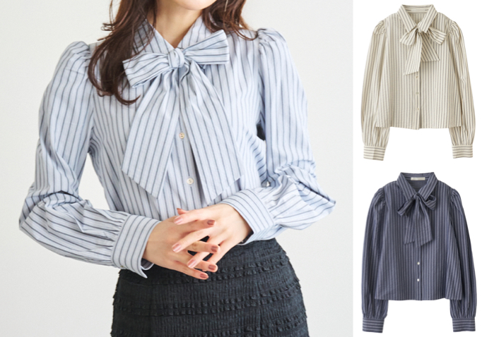 LILLIAN CARAT（リリアンカラット）サックスブルーのストライプブラウス