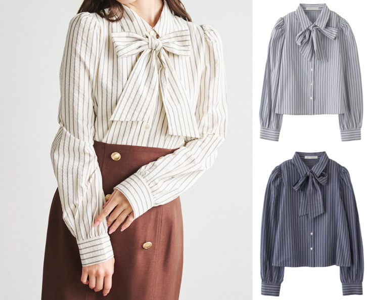 LILLIAN CARAT（リリアンカラット）アイボリーのボウタイストライプブラウス