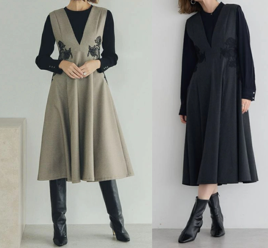 YECCA VECCA（イェッカヴェッカ）グレージュのフラワーレースジャンスカ