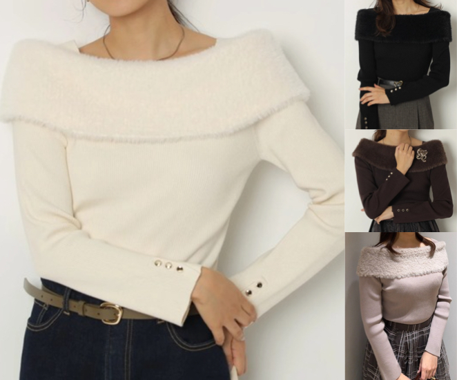 JUSGLITTY（ジャスグリッティー）ホワイトのファーオフショルニット