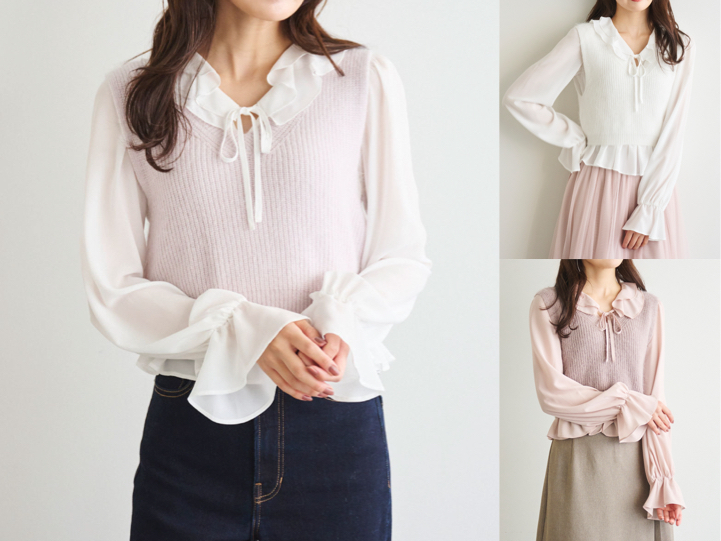 LILLIAN CARAT（リリアンカラット）ホワイトxピンクのフリルニット