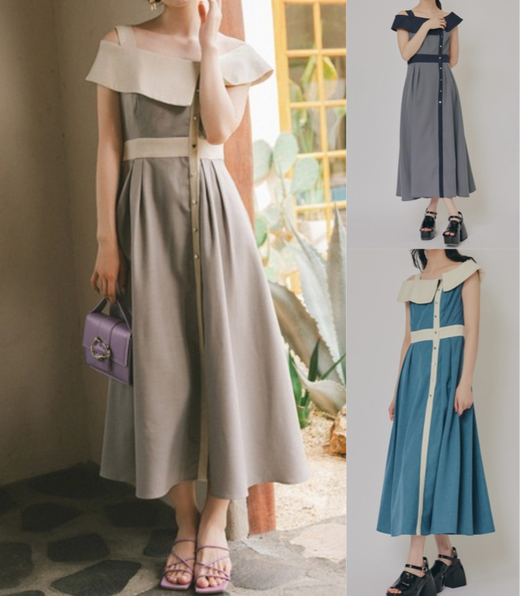 REDYAZEL(レディアゼル)ベージュ系のバイカラーアシメショルダーワンピース