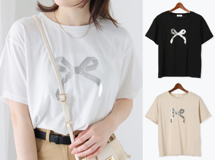 Te chichi（テチチ）ホワイトxシルバーのリボンプリントTシャツ