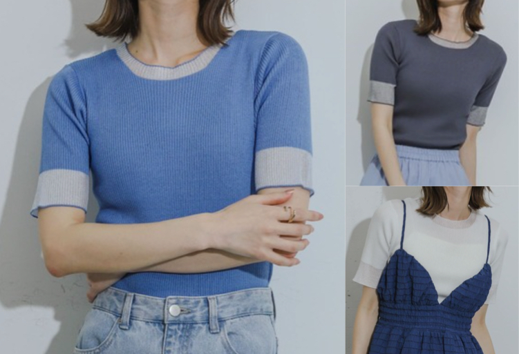 HEYUMM（ヘユム）ブルーのシアー半袖ニット