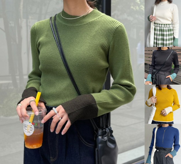 CPCM（シーピーシーエム）グリーンの袖配色ニット