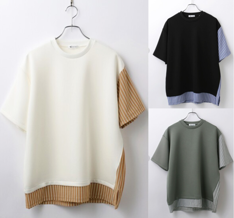 tk.TAKEO KIKUCHI（タケオキクチ）ホワイトxブラウンのストライプ切り替えTシャツ