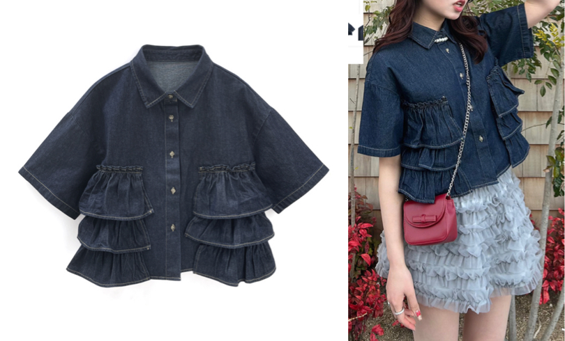 フリルティアードデニムシャツ