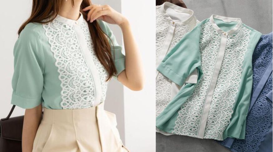 Te chichi（テチチ）ミントグリーンxホワイトのレースブラウス