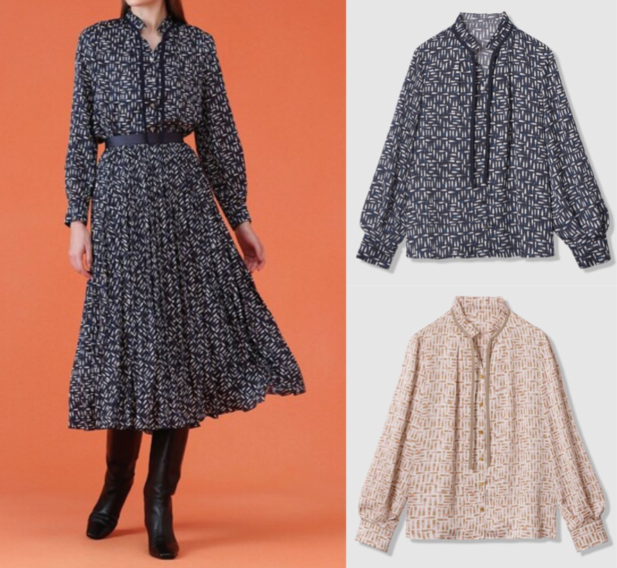 ANAYI（アナイ）ネイビーのプリントフリルブラウス