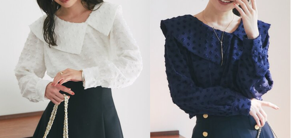 La boutique BonBon(ラブティックボンボン)ホワイトのアシメビッグカラードットジャガードブラウス