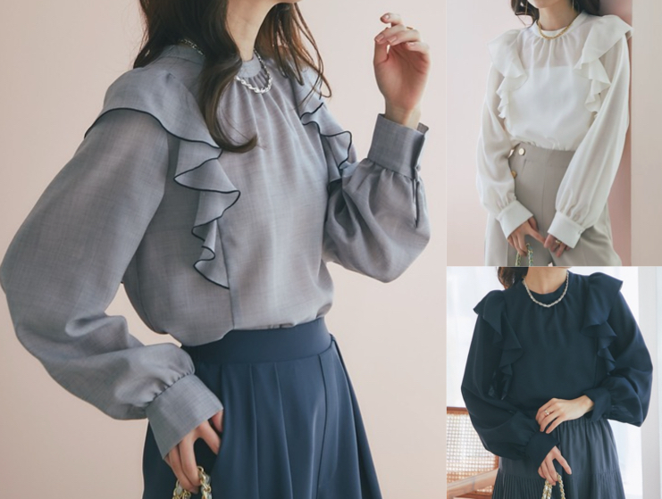 La boutique BonBon(ラブティックボンボン)グレーのシアーラッフルフリルブラウス