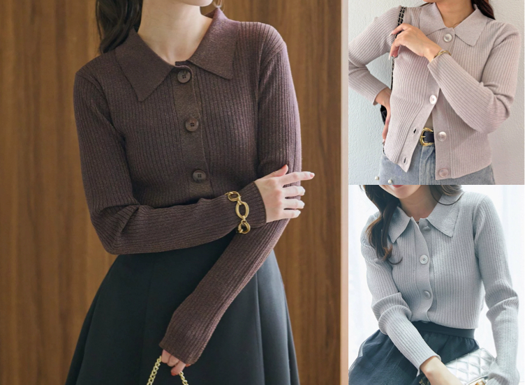 La boutique BonBon(ラブティックボンボン)ブラウンのポロ衿カーディガン