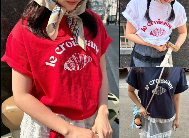 レッドのクロワッサンプリントTシャツ
