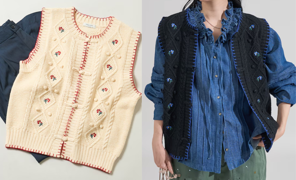 FREAK'S STORE(フリークスストア)アイボリーの花刺繍ニットベスト