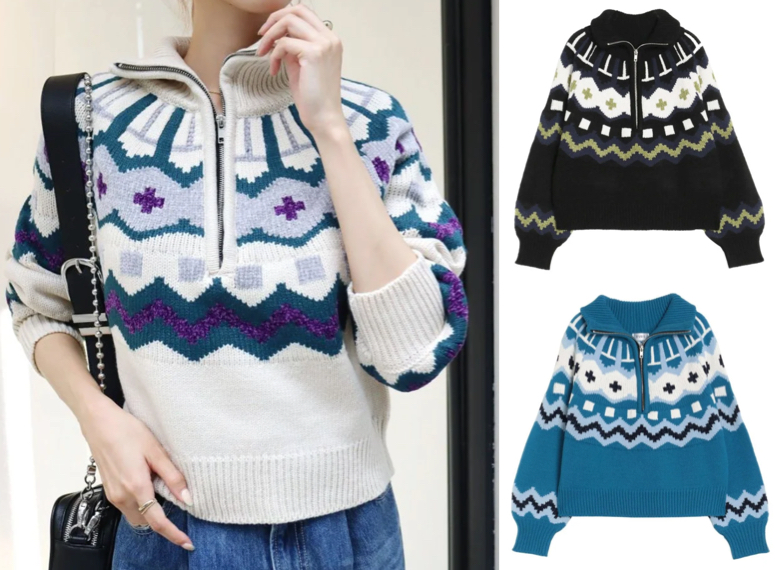 EVRIS(エヴリス)ホワイトのノルディック柄ハーフジップニット