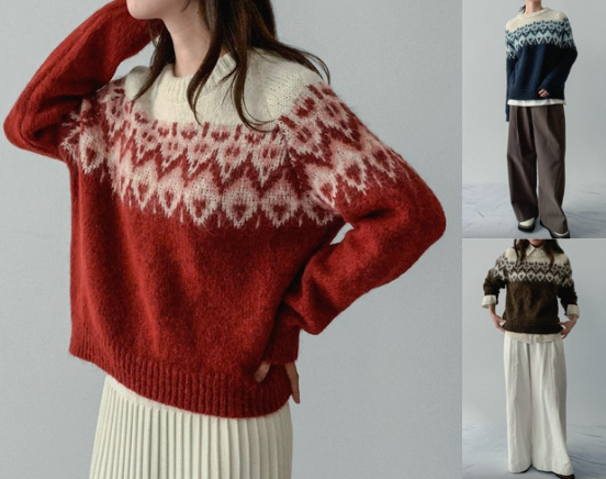 on:nue赤いノルディック柄カーディガン