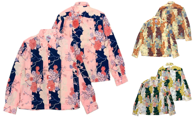 東洋エンタープライズピンクxネイビーの花柄シャツ