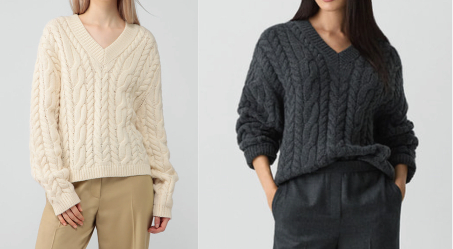 Theory（セオリー）アイボリーのケーブル編みニット