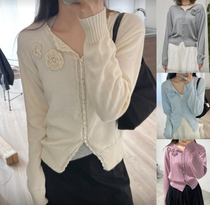 GIUNON（ジウノン）アイボリーのフラワーニットカーディガン