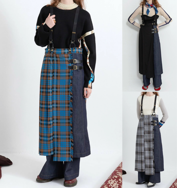 AULA AILA（アウラアイラ）ブルーのチェックデニムコンビスカート