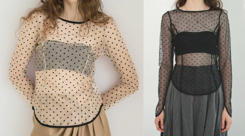 ホワイトのドット柄ブラウス