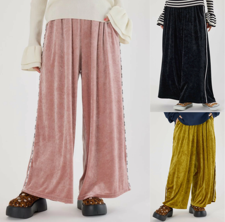 RODEO CROWNS WIDE BOWL(ロデオクラウンズワイドボウル)ピンクのフレアバギーベロアパンツ