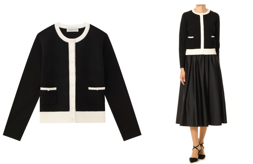 アベニールエトワールブラック×ホワイトの配色カーディガン