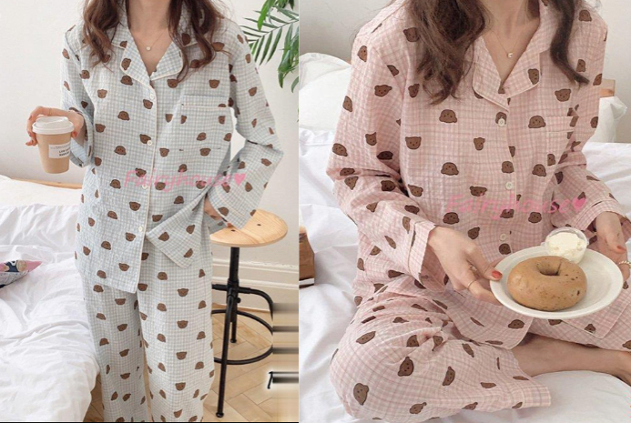 ブルーチェックのくまちゃん柄パジャマ